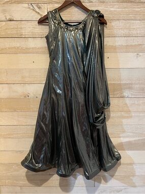 RepentMetallic Dress Gown Made in India Silver Evening Dress with Draped Shoulde